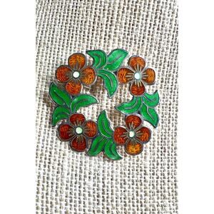Vintage Taxco Mexico Jeronimo Fuentes Sterling Silver Enamel Floral Brooch 925